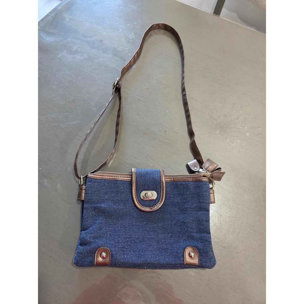 Gold Coast Denim Crossbody Bag Bronze Trim Flap Closure Shoulder Bag Women